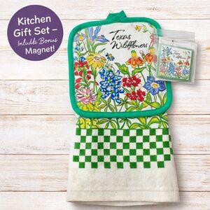 Texas Wildflowers Kitchen Set Potholder & Towel w/ Bonus Magnet Farmhouse Charm